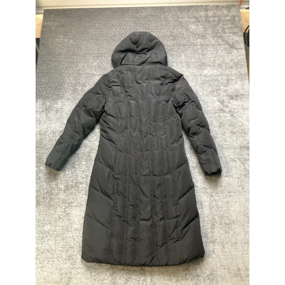 Calvin Klein Long Puffer Coat Womens S Black Sleek Quilted Hooded Snap Full Zip
